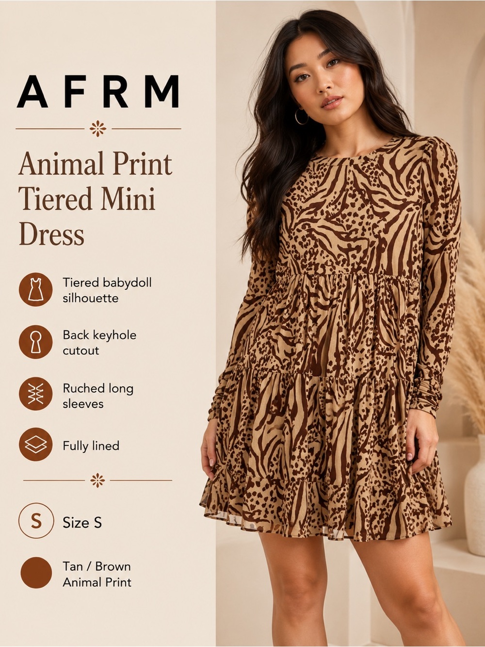 AFRM Animal Print Mesh Tiered Babydoll Mini Dress Size S